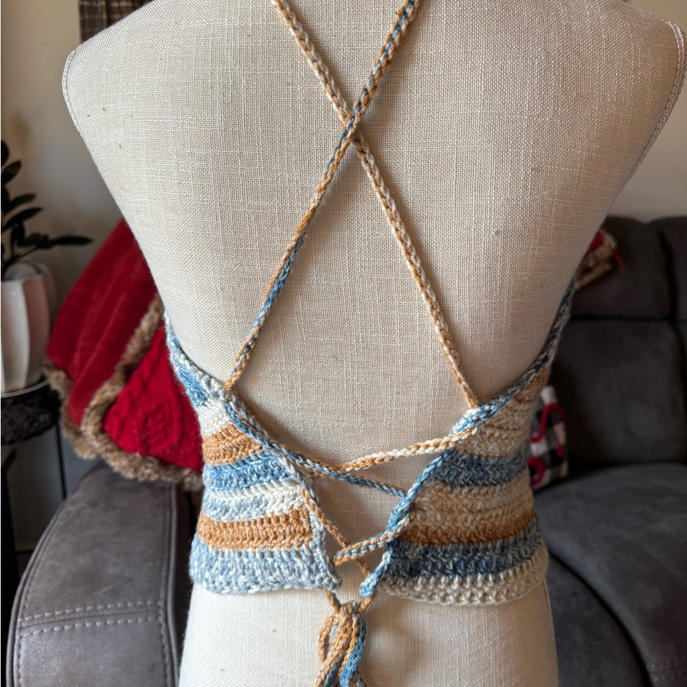 Striped Crochet Halter Top in Blues and Browns, Handmade 🤎💙 - Picture 4 of 6